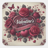 バレンタインデーデザインとバラとハート スクエアシール (正面)