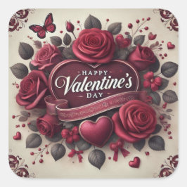 バレンタインデーデザインとバラとハート スクエアシール