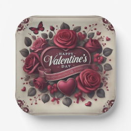 バレンタインデーデザインとバラとハート ペーパープレート