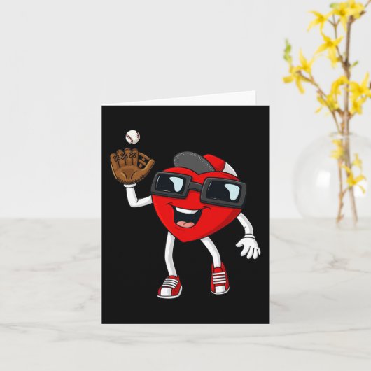 バレンタインデーハートが野球のおもしろい少年を捕る カード (黄色い花)