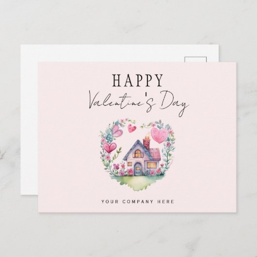 バレンタインデーハートハウスウォーターカラーエステ実在ート シーズンポストカード (正面/裏面)