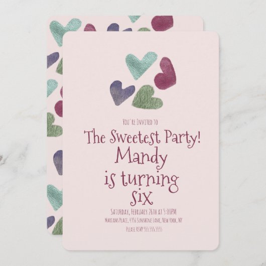 バレンタインデーハートメタリックバースデーパーティー 招待状 (正面/裏面)