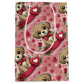 バレンタインデーハート付き漫画の子犬 ミディアムペーパーバッグ (正面)