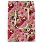 バレンタインデーハート付き漫画の子犬 ミディアムペーパーバッグ (裏面)