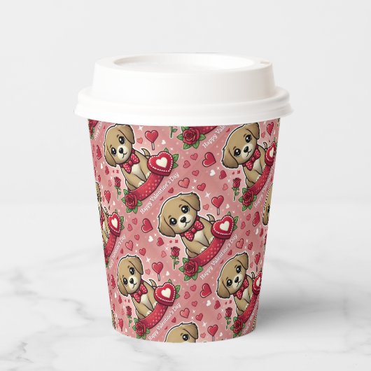 バレンタインデーハート付き漫画の子犬 紙コップ (正面)