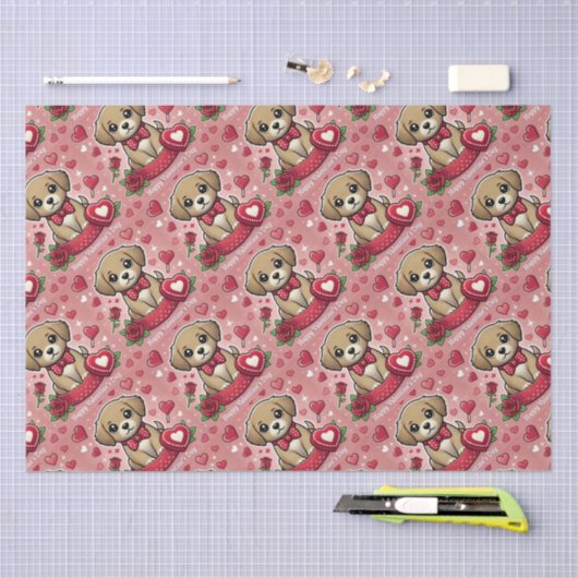 バレンタインデーハート付き漫画の子犬 薄葉紙 (クラフト)