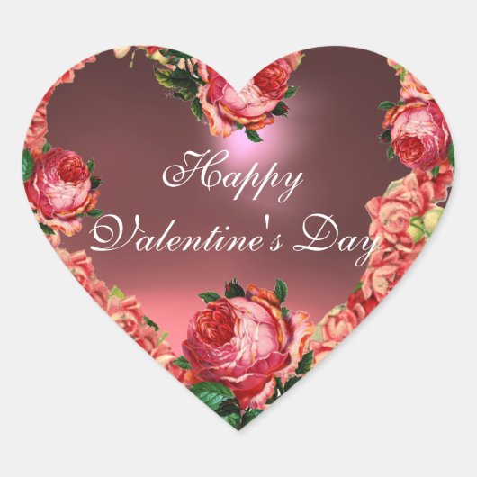 バレンタインデーハート王冠とピンクのバラ ハートシール (正面)
