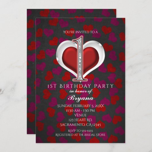 バレンタインデーハート1st誕生日招待状 招待状 (正面/裏面)