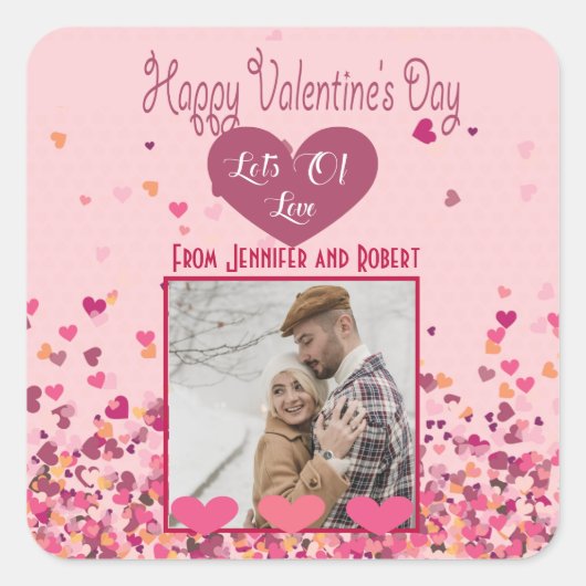 バレンタインデーパーソナライズされたフォトピンクハートかわいい スクエアシール (正面)