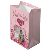 バレンタインデーパーソナライズされたフォトピンクハート ミディアムペーパーバッグ (正面アングル)