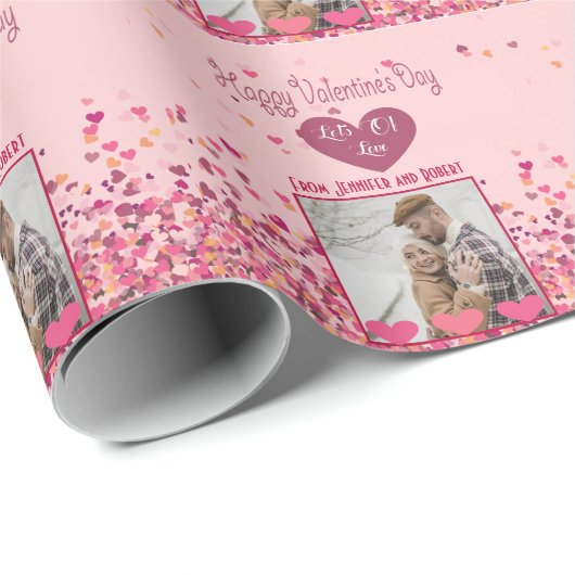 バレンタインデーパーソナライズされたフォトピンクハート ラッピングペーパー (ロールコーナー)