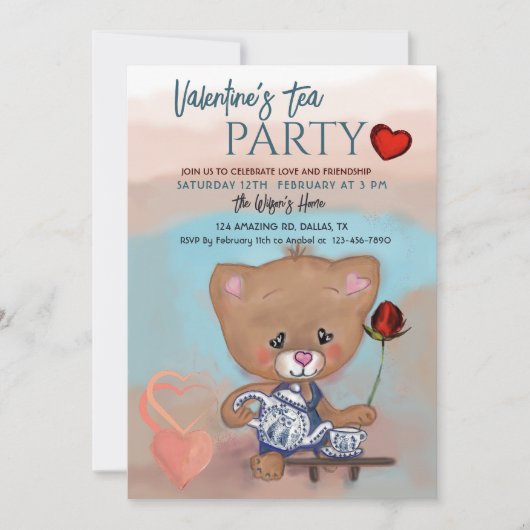 バレンタインデーパーティーとテディ 招待状 (正面)