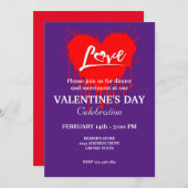 バレンタインデーパーティーと赤いハート愛 招待状 (正面/裏面)
