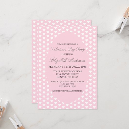 バレンタインデーパーティーハートピンク 招待状 (正面/裏面インサイチュ)