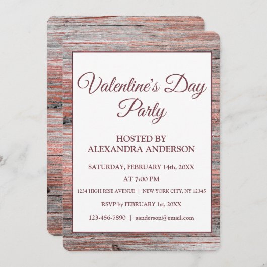 バレンタインデーパーティーバラゴールドフォイル&ウッド素朴 招待状 (正面/裏面)