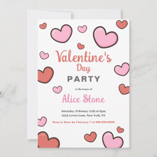 バレンタインデーパーティーピンク赤いハート 招待状 (正面)