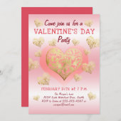バレンタインデーパーティーピンク金ゴールドハート 招待状 (正面/裏面)