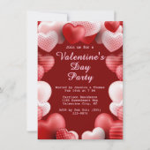 バレンタインデーパーティーピンク&レッドラブハート 招待状 (正面)