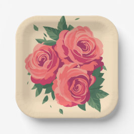 バレンタインデーパーティープレートとピンクのバラ ペーパープレート