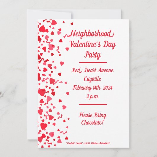 バレンタインデーパーティー紙吹雪ハート パーソナライズされた 招待状 (裏面)