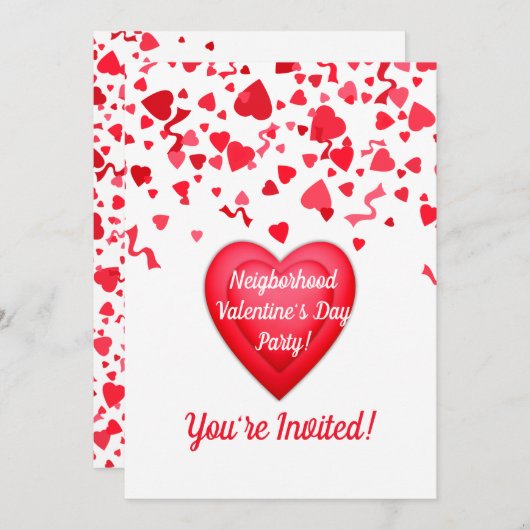 バレンタインデーパーティー紙吹雪ハート パーソナライズされた 招待状 (正面/裏面)