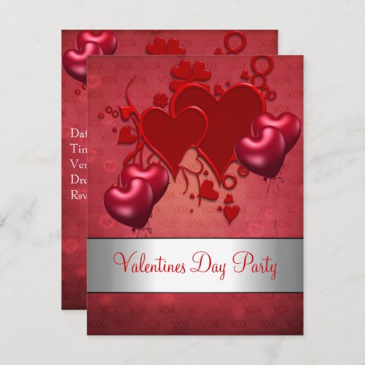 バレンタインデーパーティー赤恋ハートバルーン 招待状 (正面/裏面)