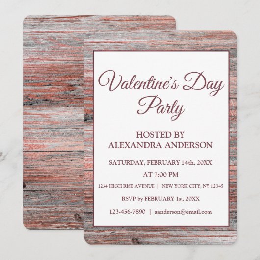 バレンタインデーパーティー ローズゴールドホイル & ラスティックウッド 招待状 (正面/裏面)