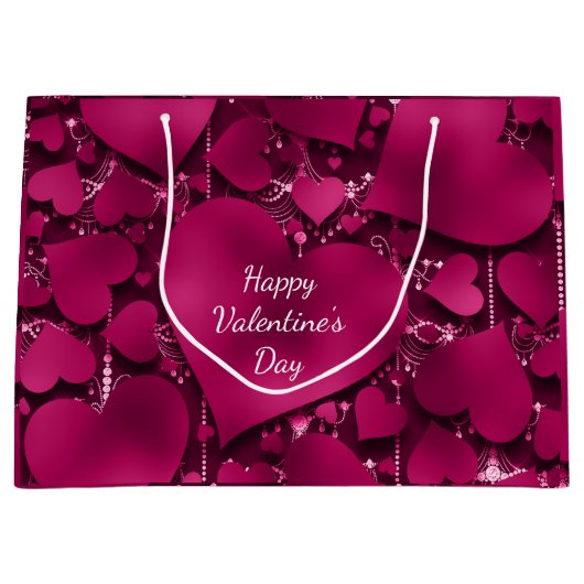 バレンタインデーパープル赤いハートグリッターふりかける ラージペーパーバッグ (正面)