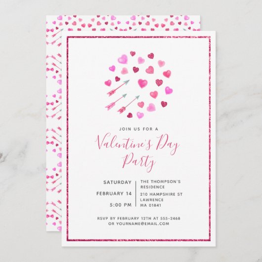 バレンタインデーピンクハートと矢印招待状 招待状 (正面/裏面)