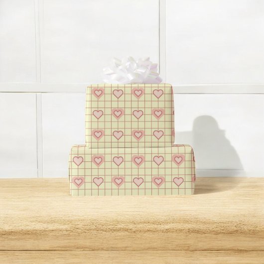 バレンタインデーピンクハートクリーム市松模様にパターン ラッピングペーパー