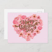 バレンタインデーピンク牡丹フローラハート ポストカード (正面/裏面)