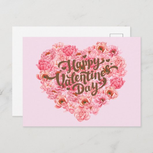 バレンタインデーピンク牡丹フローラハート ポストカード (正面/裏面)