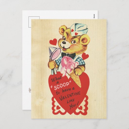 バレンタインデーレトロベアーキッズ赤いハートプンガール シーズンポストカード (正面/裏面)