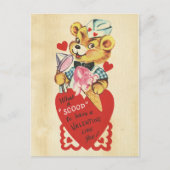 バレンタインデーレトロベアーキッズ赤いハートプンガール シーズンポストカード (正面)