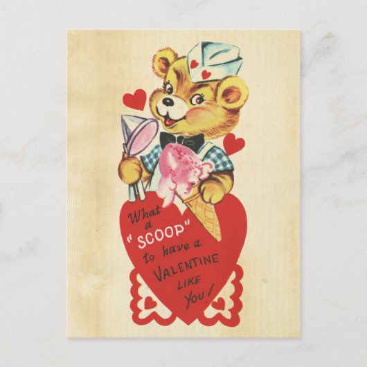 バレンタインデーレトロベアーキッズ赤いハートプンガール シーズンポストカード (正面)