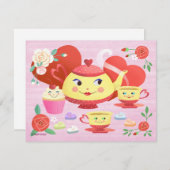 バレンタインデーヴィンテージティーポットティーセット 招待状 (正面/裏面)