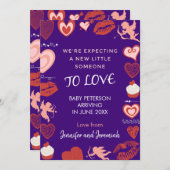 バレンタインデー妊娠の発表エンジェルパープル 案内状 (正面/裏面)