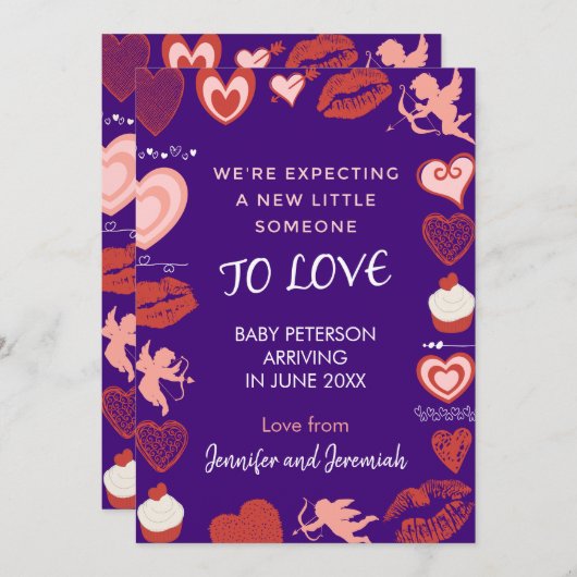 バレンタインデー妊娠の発表エンジェルパープル 案内状 (正面/裏面)