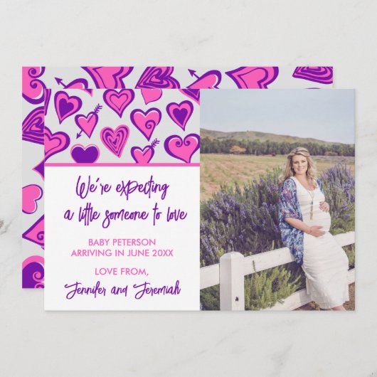 バレンタインデー妊娠の発表ピンク紫 案内状 (正面/裏面)
