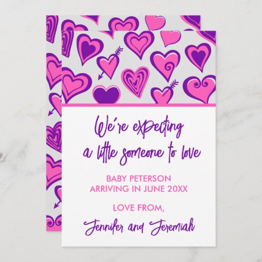 バレンタインデー妊娠の発表ピンク・スウィート 案内状 (正面/裏面)