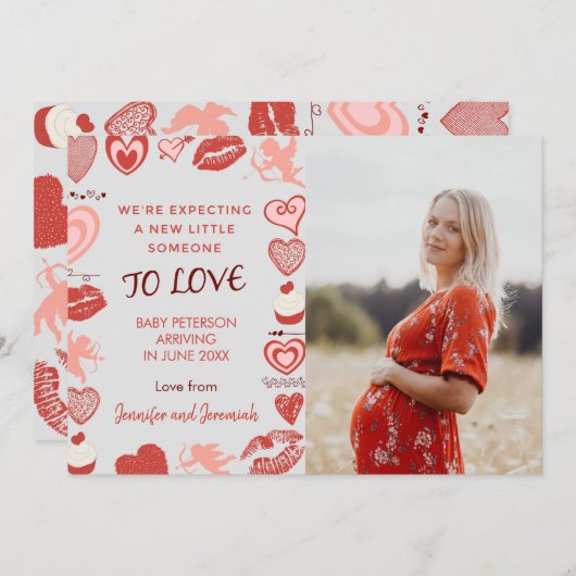 バレンタインデー妊娠発表カード灰色 案内状 (正面/裏面)