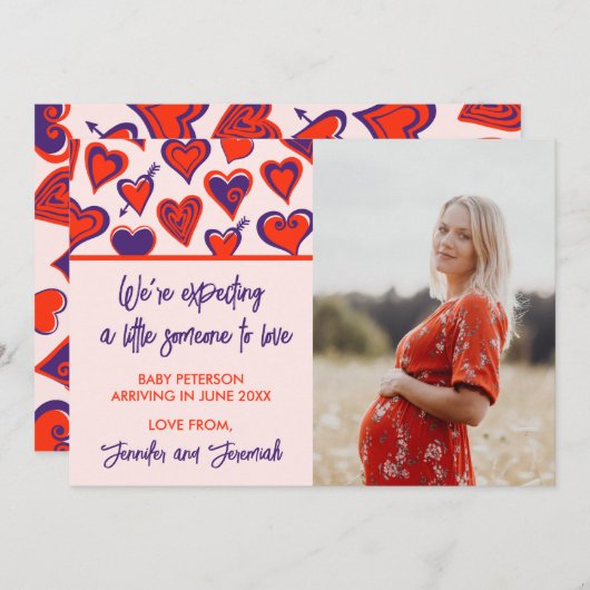 バレンタインデー妊娠発表カード赤 案内状 (正面/裏面)