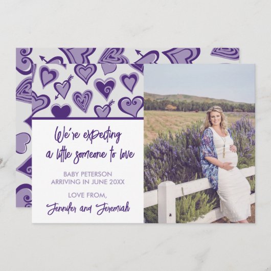 バレンタインデー妊娠発表カード（紫） 案内状 (正面/裏面)