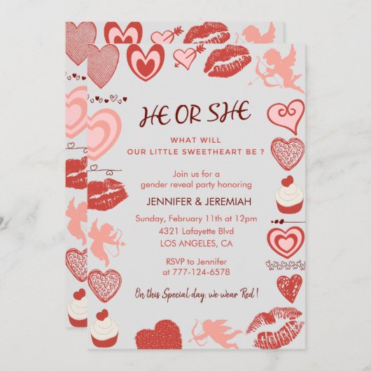 バレンタインデー性別による招待ハートグレー 招待状 (正面/裏面)