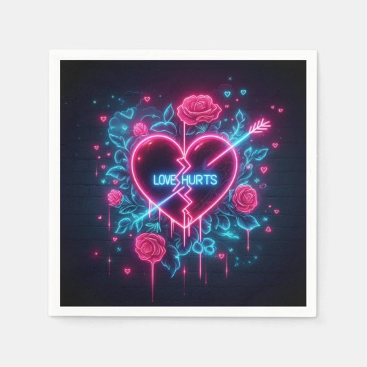 バレンタインデー愛がネオンを痛めるハート スタンダードカクテルナプキン (正面)