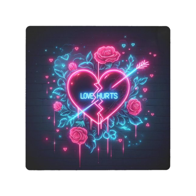 バレンタインデー愛がネオンを痛めるハート メタルプリント (正面)