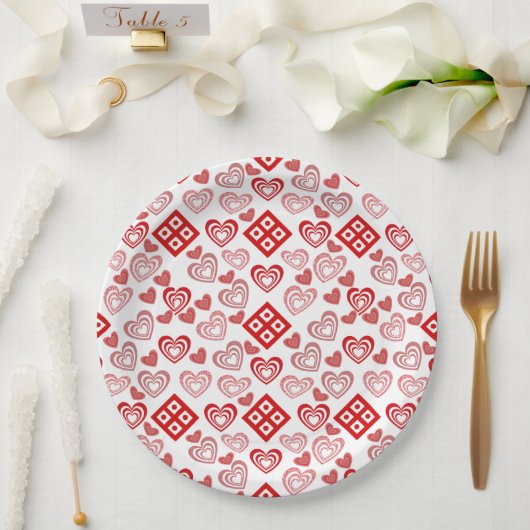バレンタインデー愛ピンク赤と白柄 ペーパープレート (ウェディング)