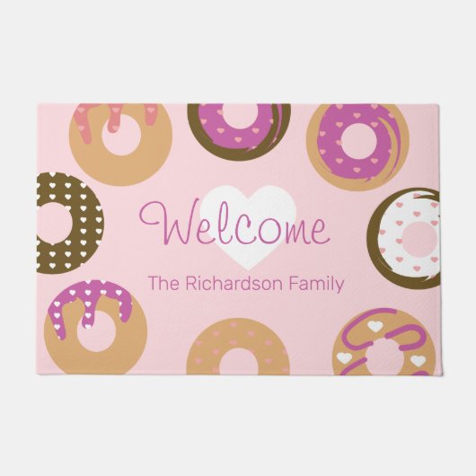 バレンタインデー模様ドーナツハートかわいい ドアマット (正面)