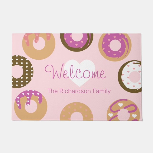 バレンタインデー模様ドーナツハートかわいい ドアマット (正面)