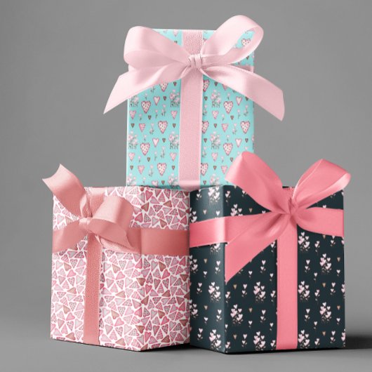 バレンタインデー水彩ハート花模様 ラッピングペーパーシート